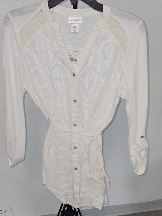 Motherhood Maternity Tops - Motherhood Maternity Cream Button-Front Tie Waist Tunic